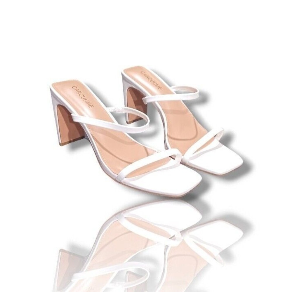 Carcuume Fauna White PU Two Strap Open Toe Rectangle Sz US 8.5 Womens High Heels